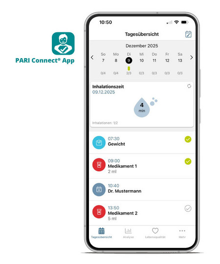 Tagesübersicht der PARI Connect‑App mit Inhalationszeit, Medikamenten‑ und Messaufgaben sowie Kalenderansicht