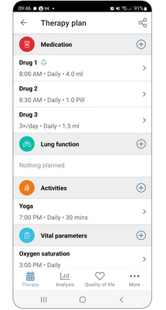 Plan and schedule notifications easily Therapy plan view of the PARI Connect app with medications, lung function, physical activity and vital parameters