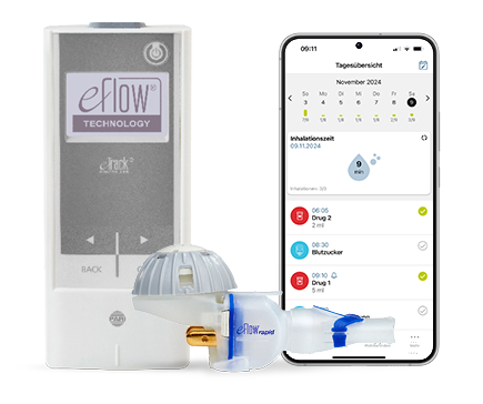 eTrack Vernebler mit Steuergerät neben Smartphone mit App zur Inhalationsübersicht